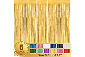 PABUES 5 Pack 3.3 x 6.6 FT Gold Foil Fringe Backdrop Curtain, Streamer Backdrop Curtains, Streamers Birthday Party Decorations, Fringe Backdrop for Graduation, Baby Shower, Gender Reveal