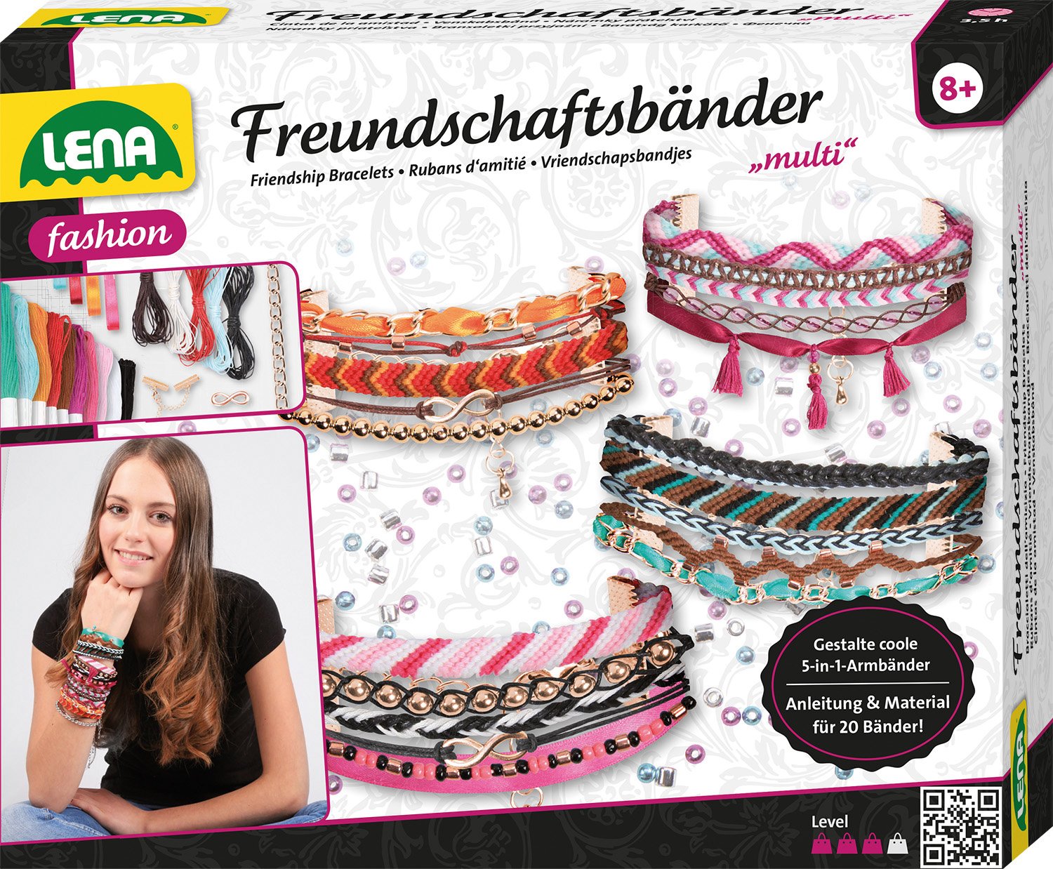 Lena 42117 - Craft set Multi Friendship Bracelets large, complete set with 240 beads, satin ribbons, thread, cords, chains and clasps, braiding set for children from 8 years, for 4 bracelets