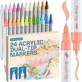ARTISTRO 24 Pastel Dual-Tip Acrylic Paint Marker Pens for Drawing | For Fabric, Rock, Glass, Wood, Arts & Crafts Gift for Adults, Teens & Kids, Pumpkin Decorating Kit & Halloween Crafts