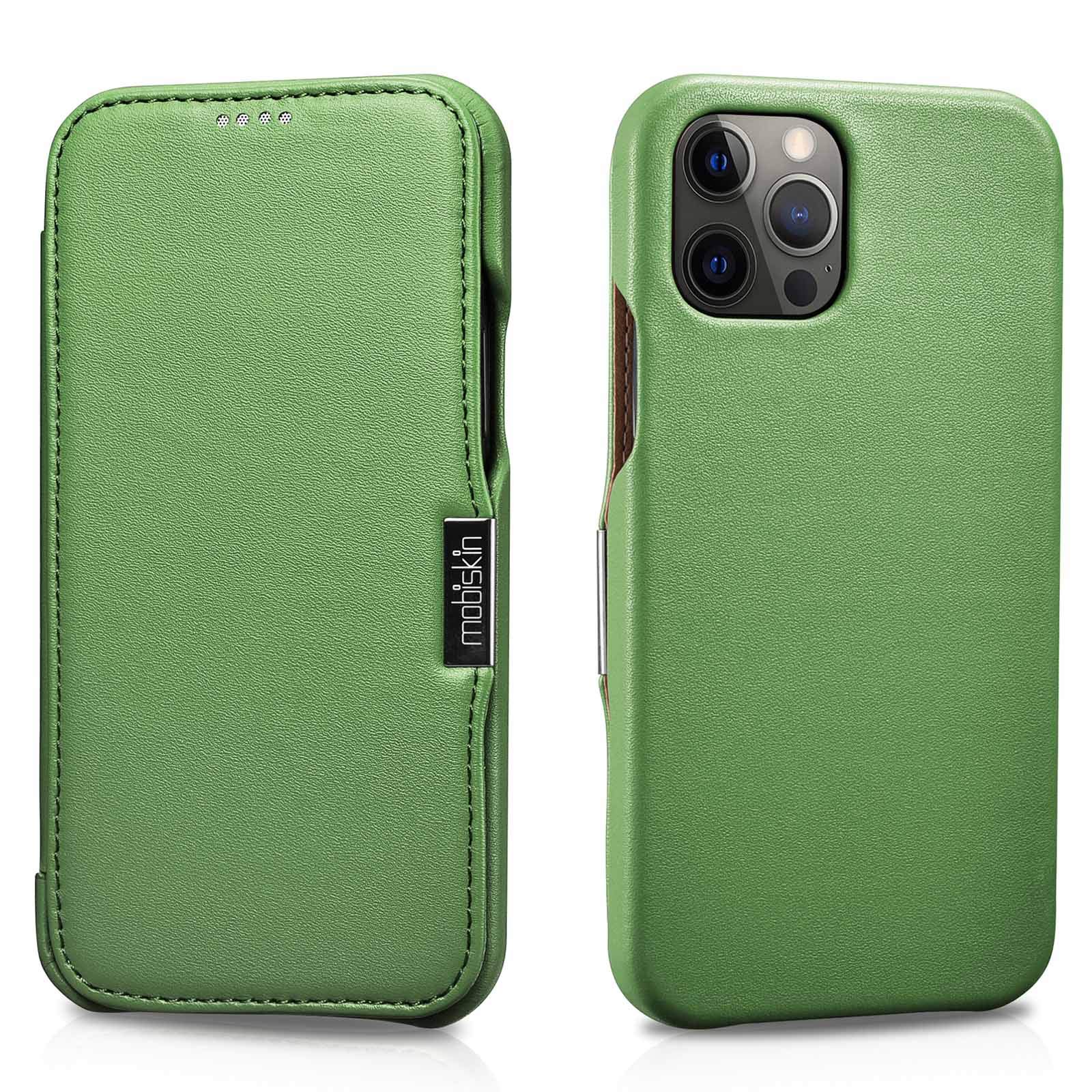 Mobiskin case compatible with Apple iPhone 12 PRO MAX (6.7 inch), cover with genuine leather, book-style protective phone case, ultra-slim folio, thin wallet, green
