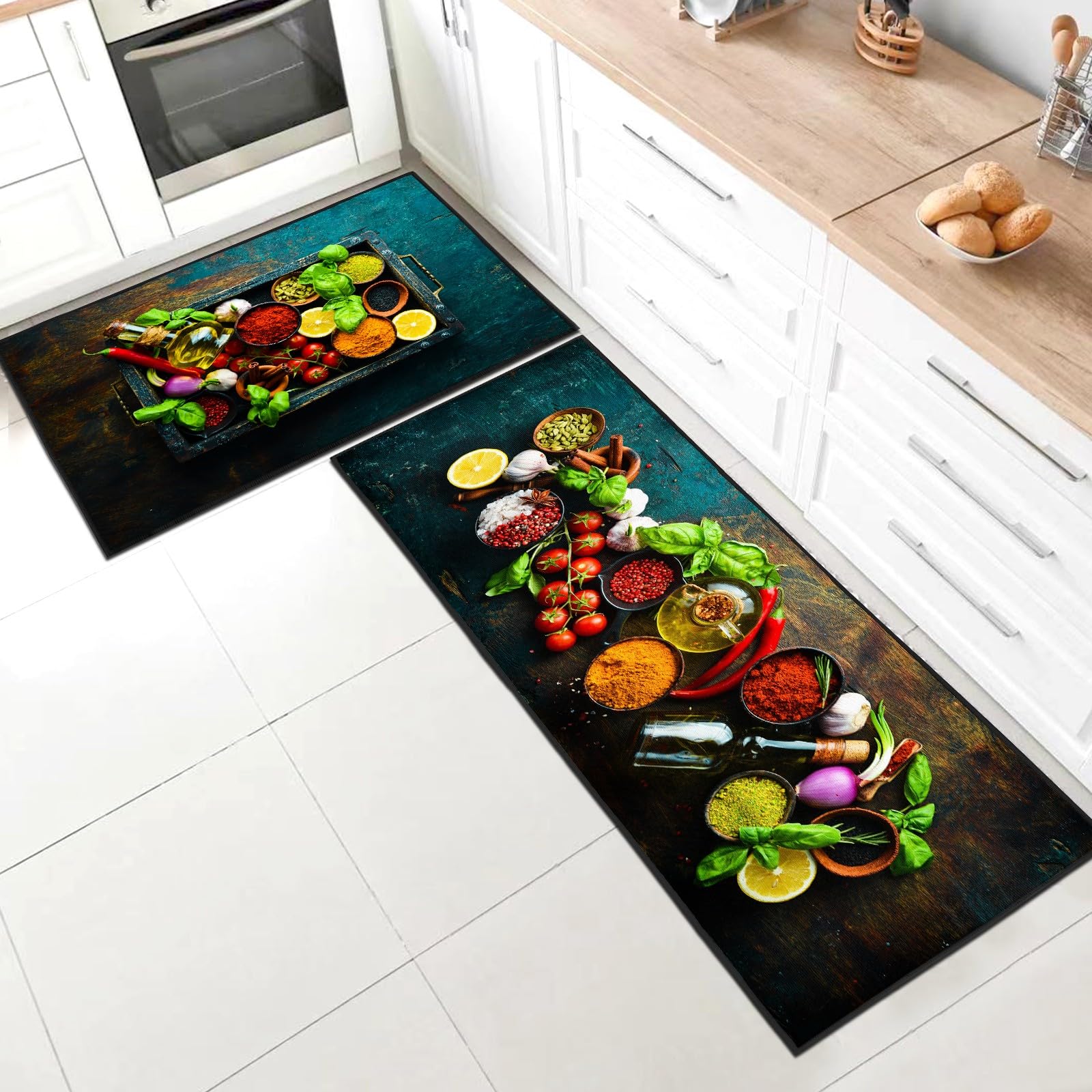 SHUAIG Kitchen Rug Set 2 Piece Non Slip Washable,Kitchen Mat Anti Fatigue Set,kitchen carpets with anti-slip stickers for Home Decoration (Style J, 40x60 + 40x120 cm)