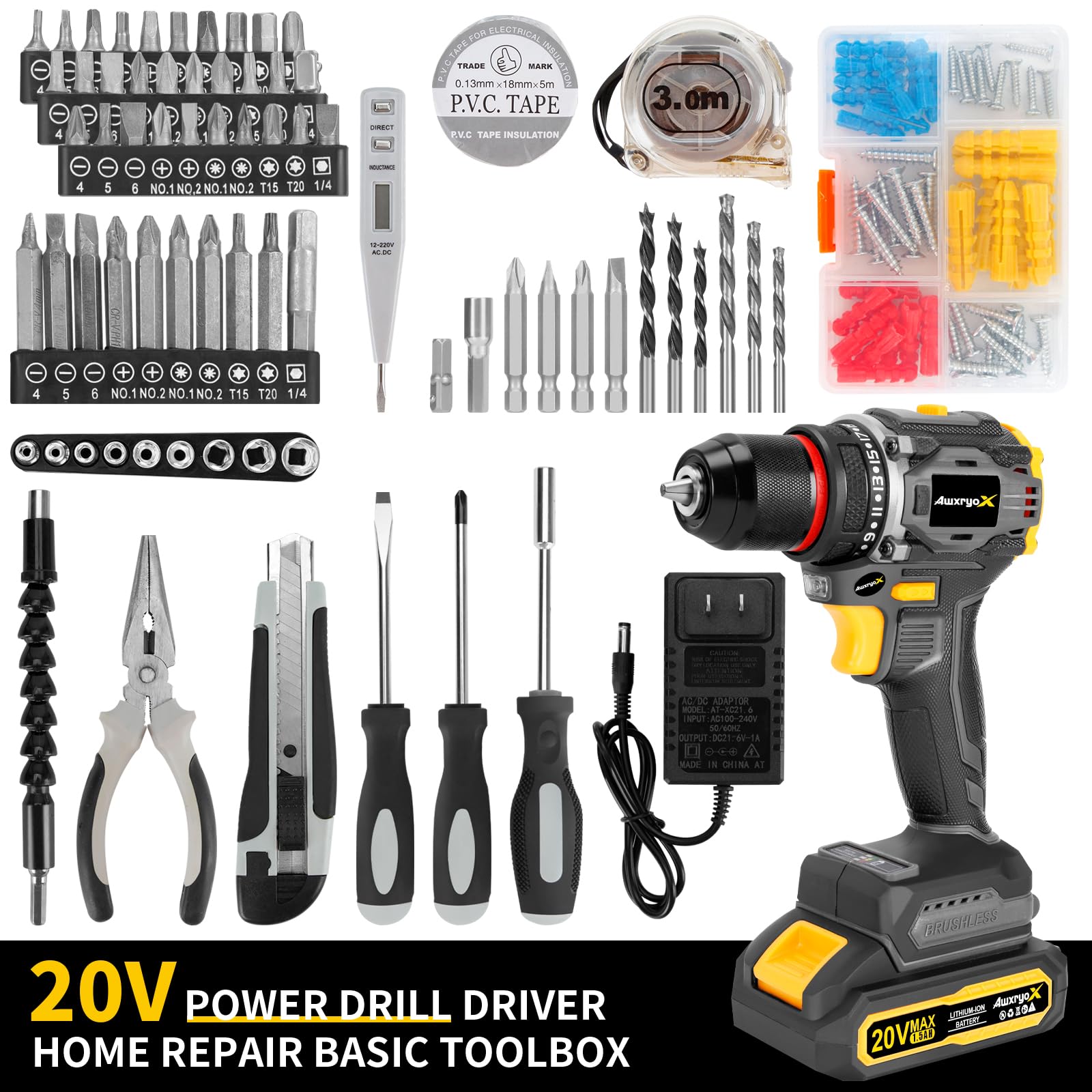 Brushless Compact Drill Tool Set, 60N.m 20V Cordless Drill Tool Box with 2 Battery, 135Pcs Man Household Combo Set with DIY Hand Taladros Kits, 531 In-lb Kit with Drill for Daily Home Repair