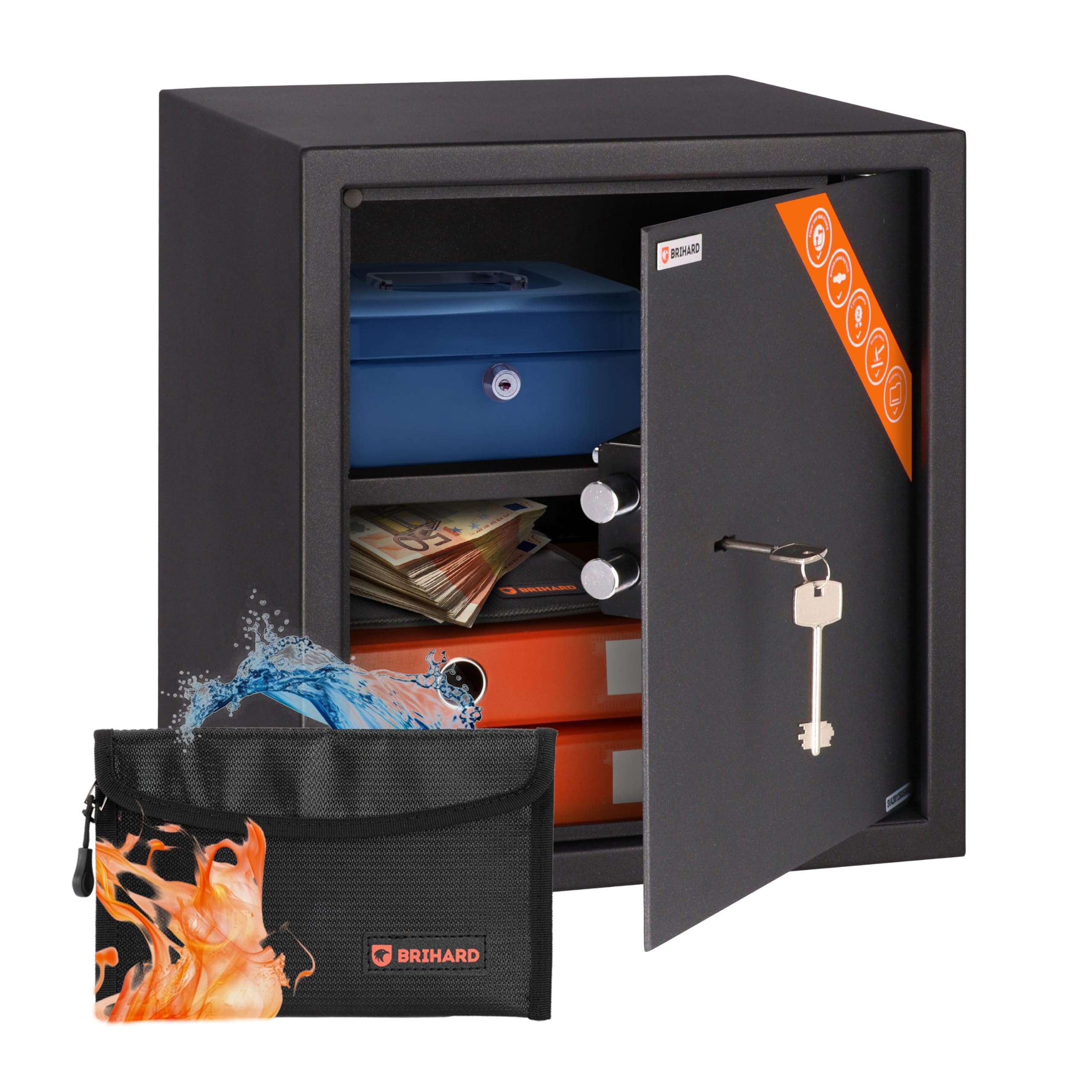 Brihard Business Key Lock Safe 40x36x36cm with Fireproof Money Bag, Large Document Safe 48L with Removable Shelf, Heavy Duty Office, Home Security Storage for Money & Jewellery