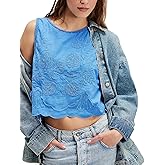 UAURORAO Women Tie Up Tank Top Floral Embroidered Cropped Vest Flower Embroidery Backless Babydoll Going Out Camisole