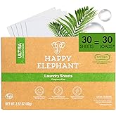 Happy Elephant Laundry Detergent Sheets, Fragrance Free, Natural Biodegradable Laundry Sheets, Travel Ready, Tough on Stains, Gentle on Skin, Compatible with HE & Any Washing Machine, 30 Sheet, 1 Pack