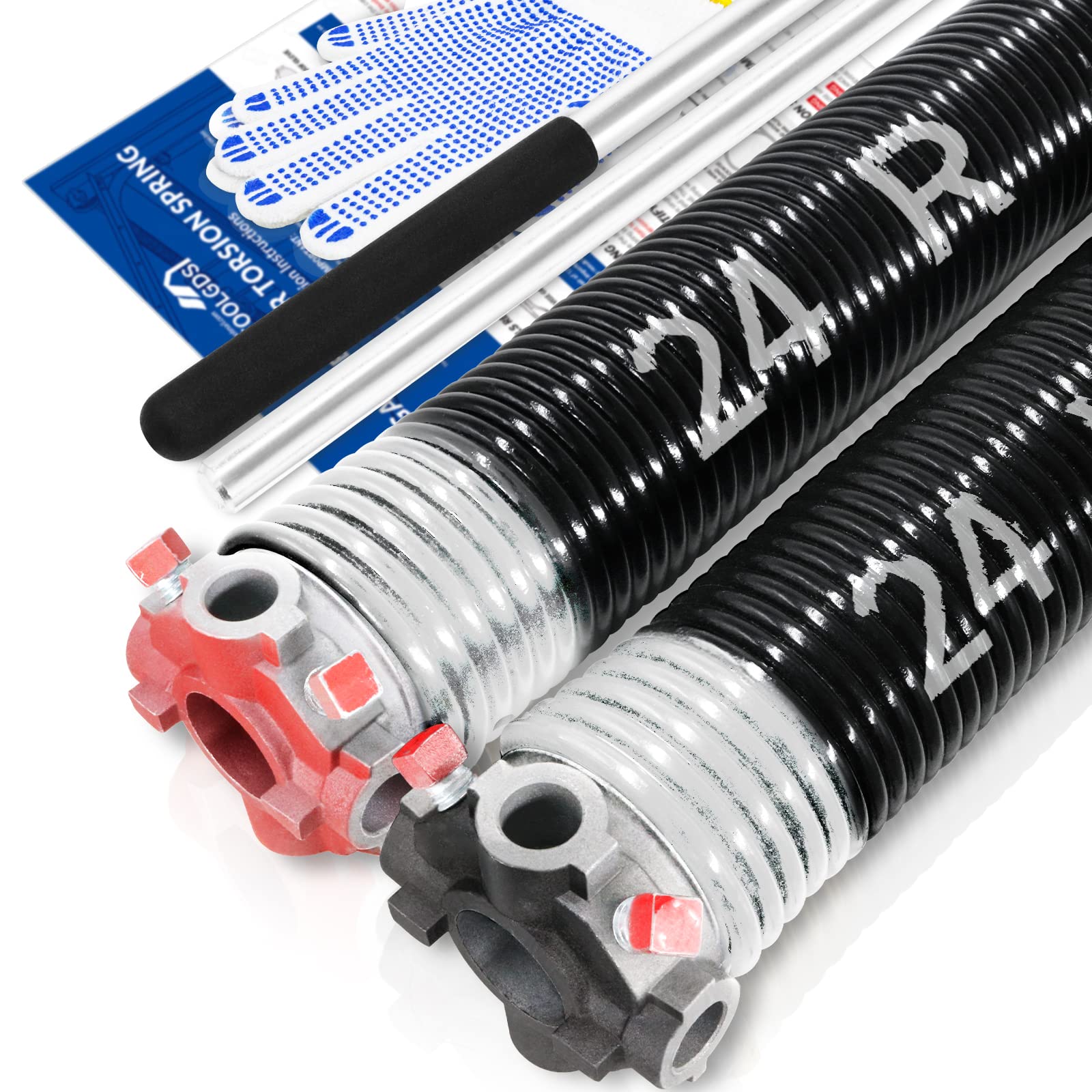 YoToolGDS Pair of 2" Garage Door Torsion Springs Set with Non-Slip Winding Bars & Gloves, High Precision Electrophoresis Oil-Free Black Coated for Replacement, MIN 16,000 Cycles (0.218x 2" x 24'') Image