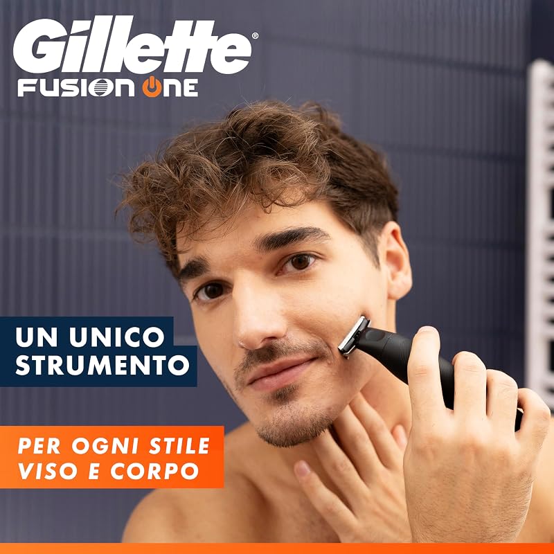 Fusion One Rasoio Elettrico Uomo Barba e Corpo, 3 Pettini Barba (1,2,5mm) e 1 Pettine Corpo, Testina Oscillante, Lama Ricambio, Impermeabile, Senza Fili, 45 Min Autonomia, Tecnologia Braun