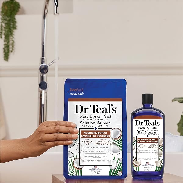 DR. TEAL’S COCONUT OIL FOAMING BATH WITH PURE EPSOM SALT (1 BOTTLE, 34 OZ) – ESSENTIAL OILS NOURISH & PROTECT YOUR SKIN – RELIEVE STRESS & REVITALIZE TIRED, ACHY MUSCLES AT HOME – LONG LASTING BUBBLES