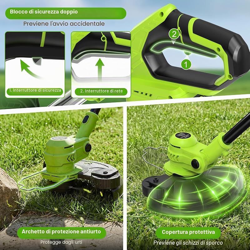 21V Tagliabordi elettrico a batteria con schermo LCD, ruote (30 cm), alimentazione automatica del filo, 8 bobine incluse, testina regolabile e multifunzionale (Linea Pro Giardino)