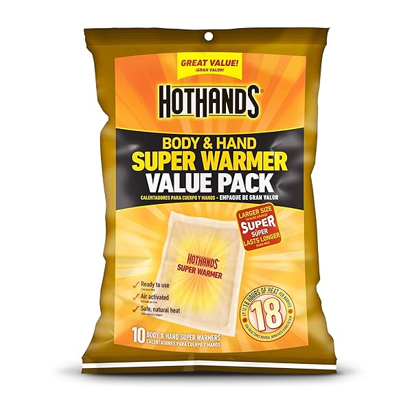 HOTHANDS BODY & HAND SUPER WARMERS – LONG LASTING NATURAL ODORLESS AIR ACTIVATED WARMERS – UP TO 18 HOURS OF HEAT – 10 INDIVIDUAL WARMERS