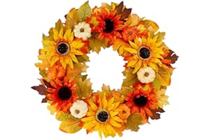 Stopsad 20" Fall Wreath, Autumn Harvest Wreath, Pumpkins and Artificial Maple Leaves, Pine Cone and Berries, for Front Door Wall Indoor Outdoor Halloween Thanksgiving Decorations