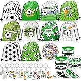 Grneric 110 Pcs Soccer Party Favors Drawstring Bags with Keychains Silicone Bracelets Stickers Soccer Goodie Bags Gift Bags for Sports Birthday Party Supplies Soccer Themed
