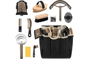 Abbylike 12 Pieces Horse Grooming Kit with Organizer Tote Bag Tack Room Supplies Horse Brush Sets Equine Care Cleaning Kit Shedding Grooming Massaging Tools(Khaki)