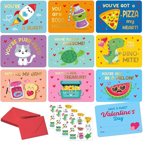 S&O 36 Funny Valentines Cards for Kids Classroom - School Valentines with Envelopes for Kids - Cartoon Card Stickers - Double Sided Cards for Boys & Girls - 3.5"x5”
