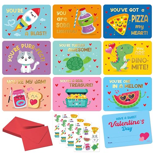 S&O 36 Funny Valentines Cards for Kids Classroom - School Valentines with Envelopes for Kids - Cartoon Card Stickers - Double Sided Cards for Boys & Girls - 3.5"x5”