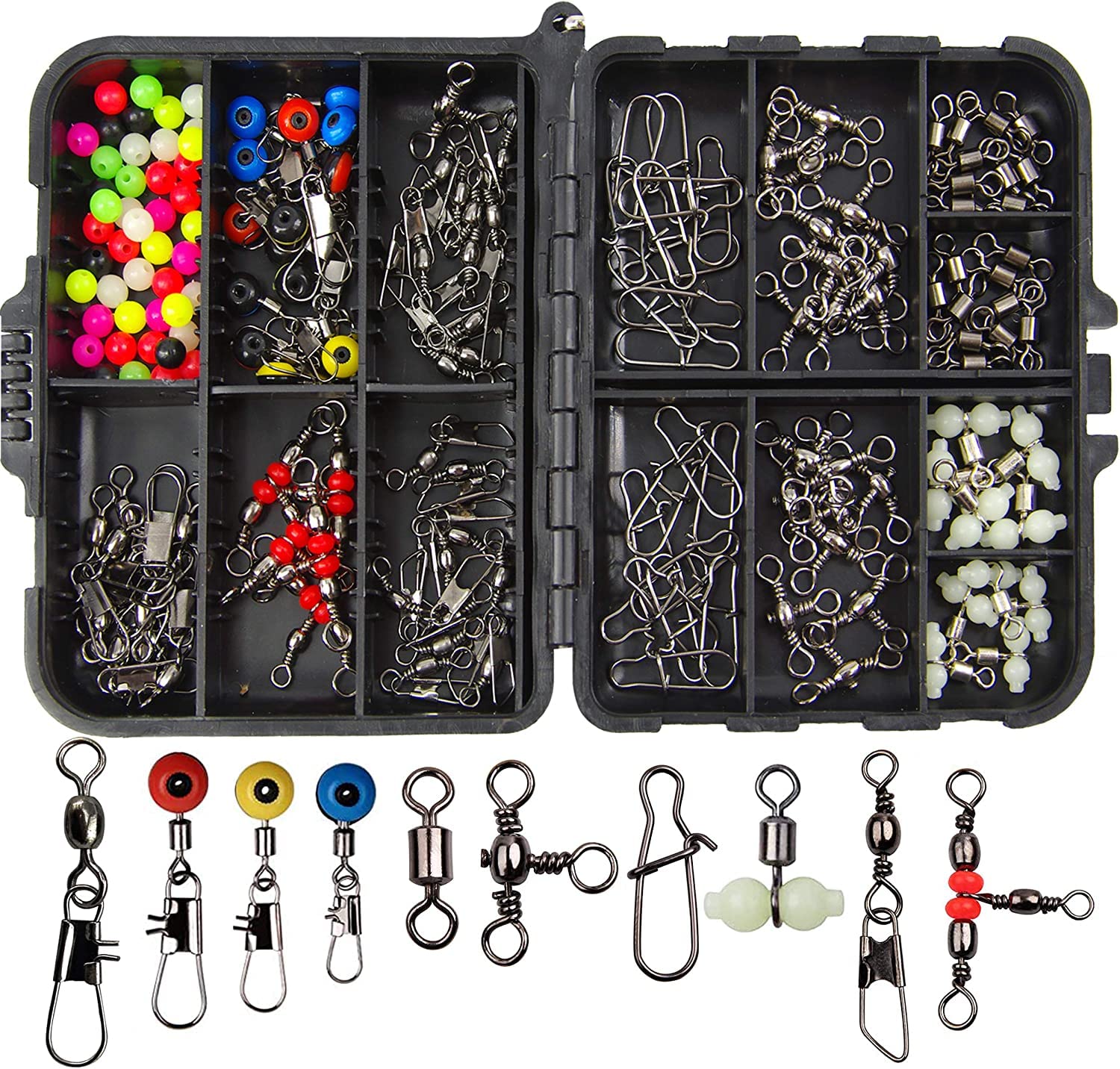 160PCS Fishing Swivel Snaps Kit Duo-Lock Sanps Barrel Swivels with Snaps Fishing Line Hook Connector Clips 3-Way Swivels Fishing Beads with Tackle Box for Saltwater Freshwater