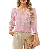 Blooming Jelly Women Blouse Dressy Casual 3/4 Length Sleeve Business Tops Button Down Spring Floral Daisy Holiday Shirts(Pink,X-Large)