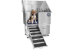 KANIS Professional Dog Washing Station - 304 Stainless Steel Pet Wash Sink & Grooming Bathtub w/Shower, Floor Grates and Storage for Large, Medium & Small Pets (40", 1 Drawer - Left Ramp)