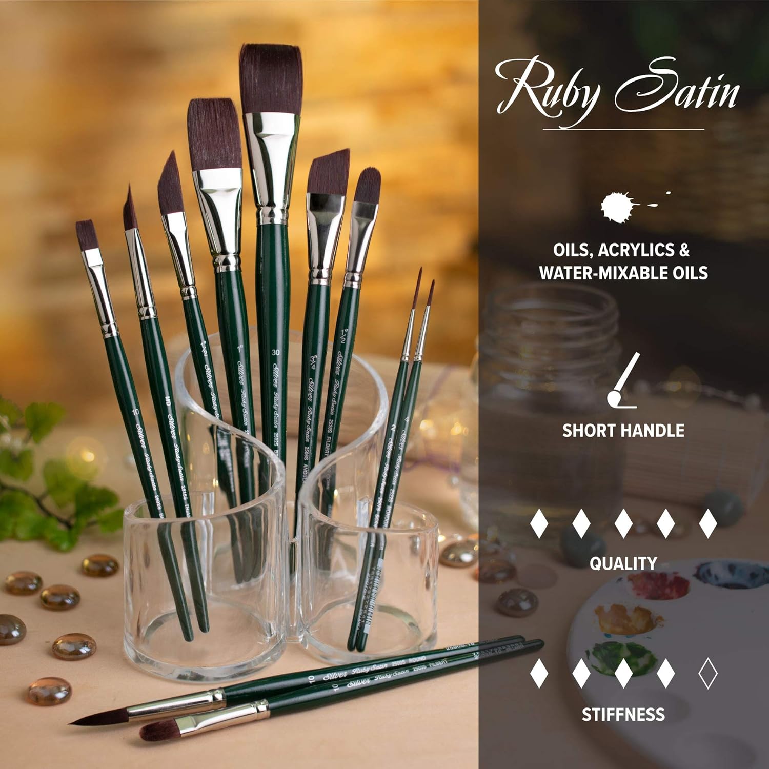 Silver Brush Limited 2528S Ruby Satin Filbert Grass Comb Brush Fluid and Flow Acrylics, Size 1/4 Inch, Short Handle