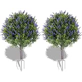 SylvanVerse 24" Set of 2 Artificial Lavender Topiary Ball Trees, UV Resistant Fake Bushes Shrubs with Metal Stake, Lifelike Evergreen Plants for Outdoor &amp; Indoor Garden Decor