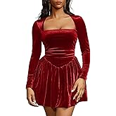 GOBLES Women's Sexy Long Sleeve Square Neck Velvet Bubble Mini Cocktail Party Dress