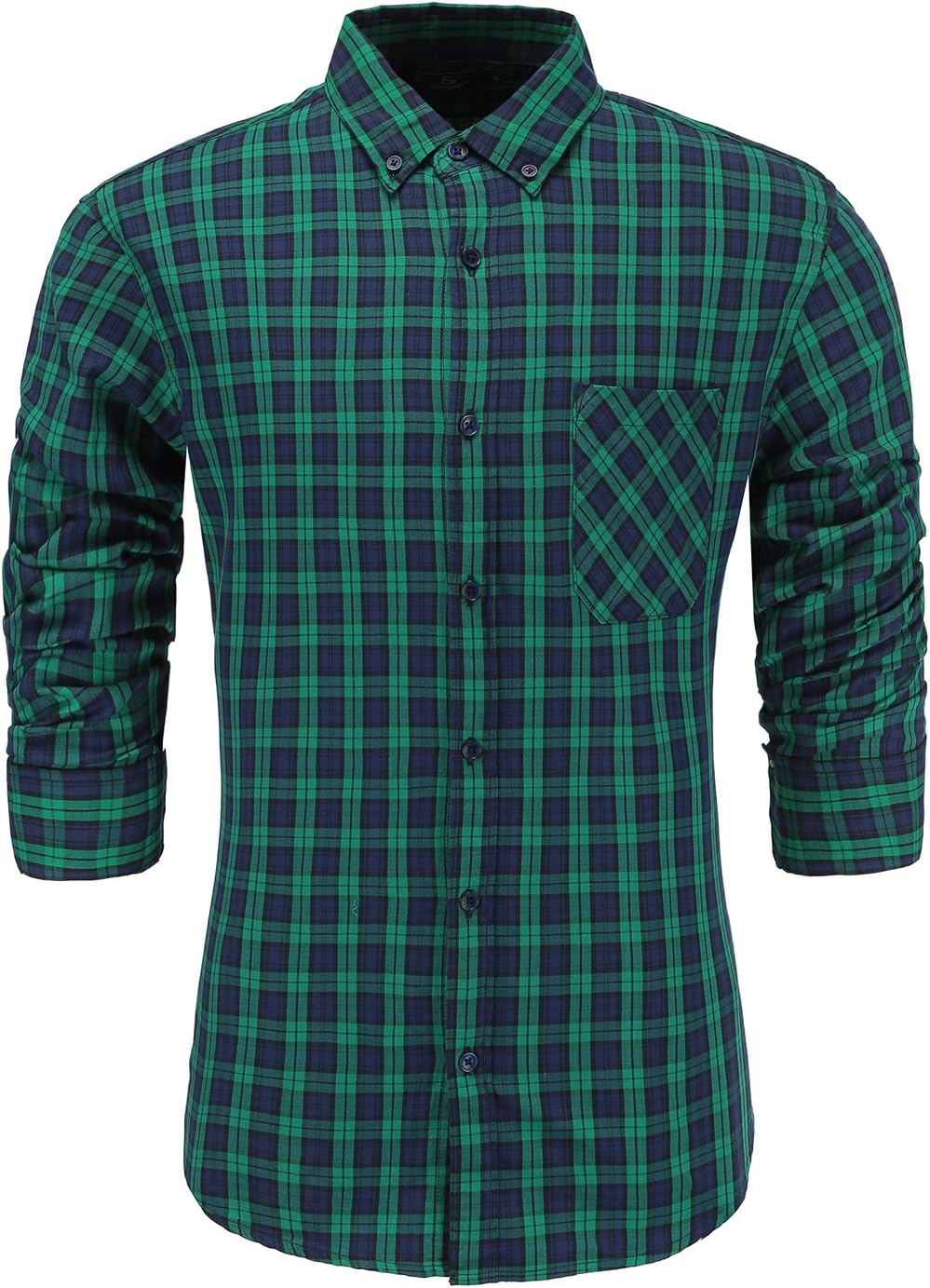 Emiqude Men's 100% Cotton Slim Fit Long Sleeve Plaid Button-Down Cross Checked Dress Shirt Large Green Navy