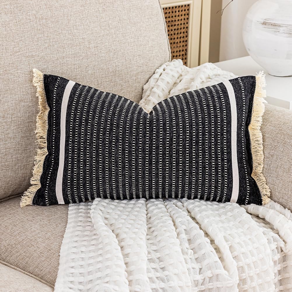 Photo 1 of CARRIE HOME Modern Farmhouse Black Striped Lumbar Pillow Cover 12x20 with Tassels 1 Pack, Boho Decor Black and White Neutral Pillow Cover 12 x 20, Black Decorative Throw Pillows for Bed Couch Sofa