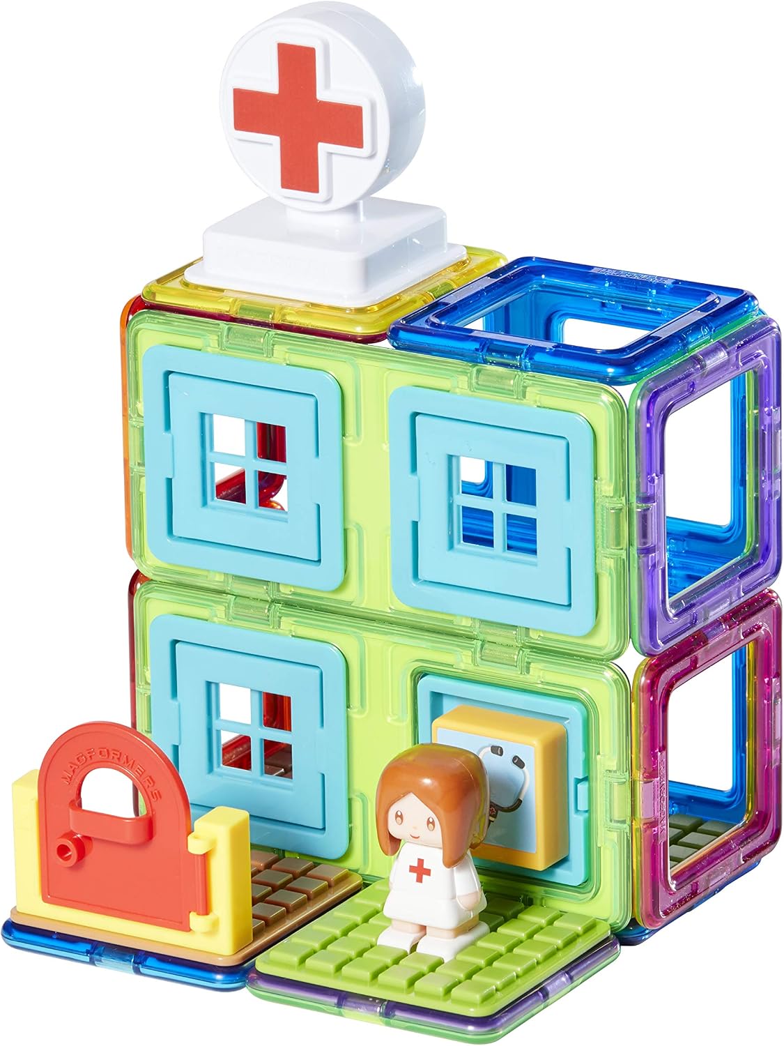 Magformers Town Hospital Magnetic Building Blocks With Nurse Character. STEM and Roleplay Toy, White, Light Blue, Neutral - Image 5