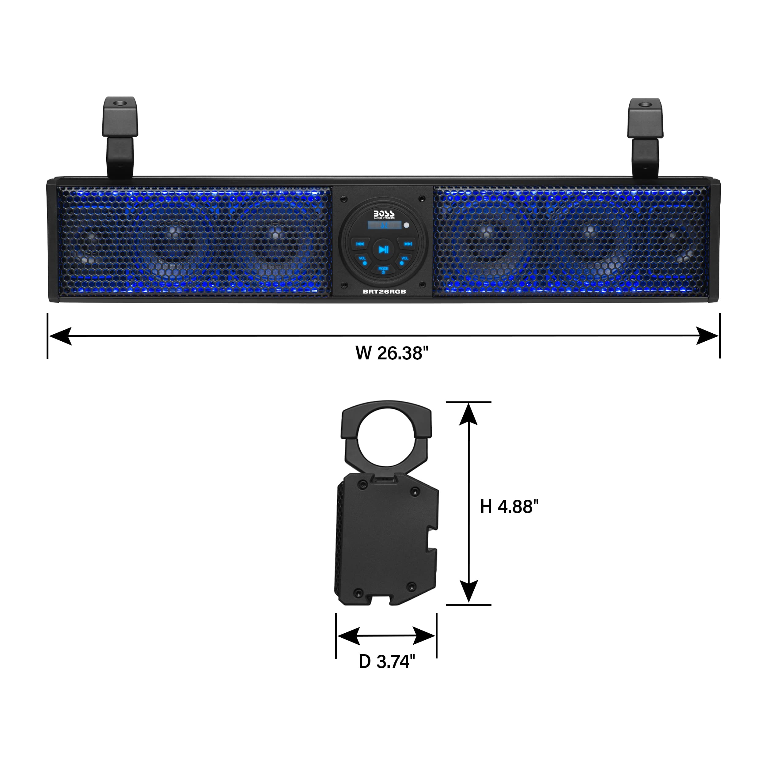 BOSS Audio Systems BRT26RGB ATV UTV Sound Bar - 26 Inches Wide, 4 inch Speakers, 1 Inch Tweeters, IPX5 Weatherproof, Bluetooth, Built-in Amplifier, Multicolor Illumination, Golf Cart Compatible