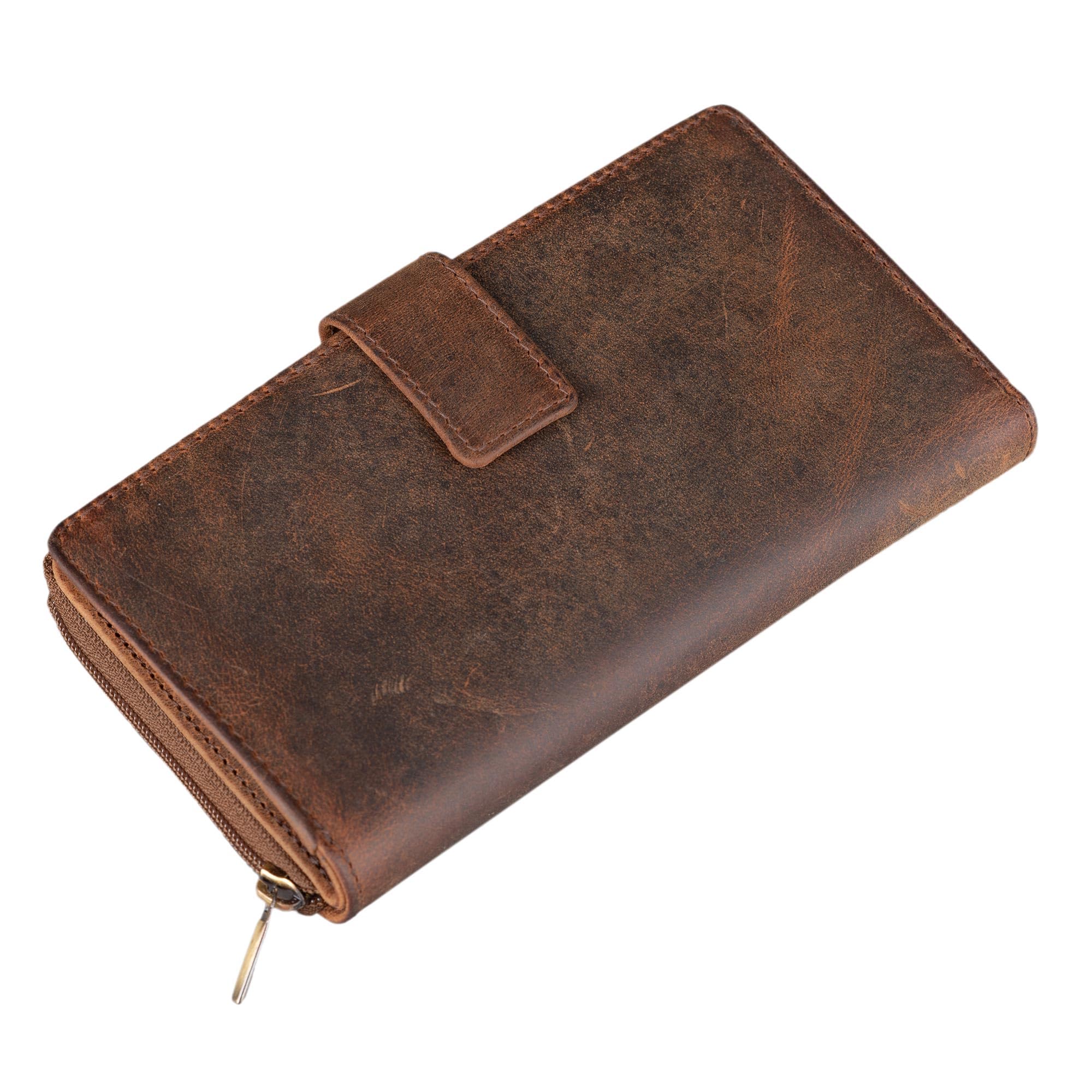 STILORD 'Greta' Vintage Leather Purse Wallet with Flower Embossment with Coin Storage 13 EC-Cards Horizontal Cow Hide Leather, Colour:Sepia - Brown Plain