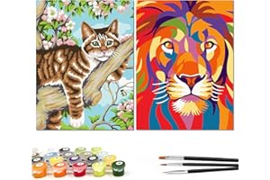 Nariolar Paint by Numbers for Kids Ages 8-12 with 7X9.5 inch Pre-Printed Cardboard, 2 Sets of Acrylic Paint Pots and 3 Painting Brushes, Room Decor for Children,(Lion and cat)