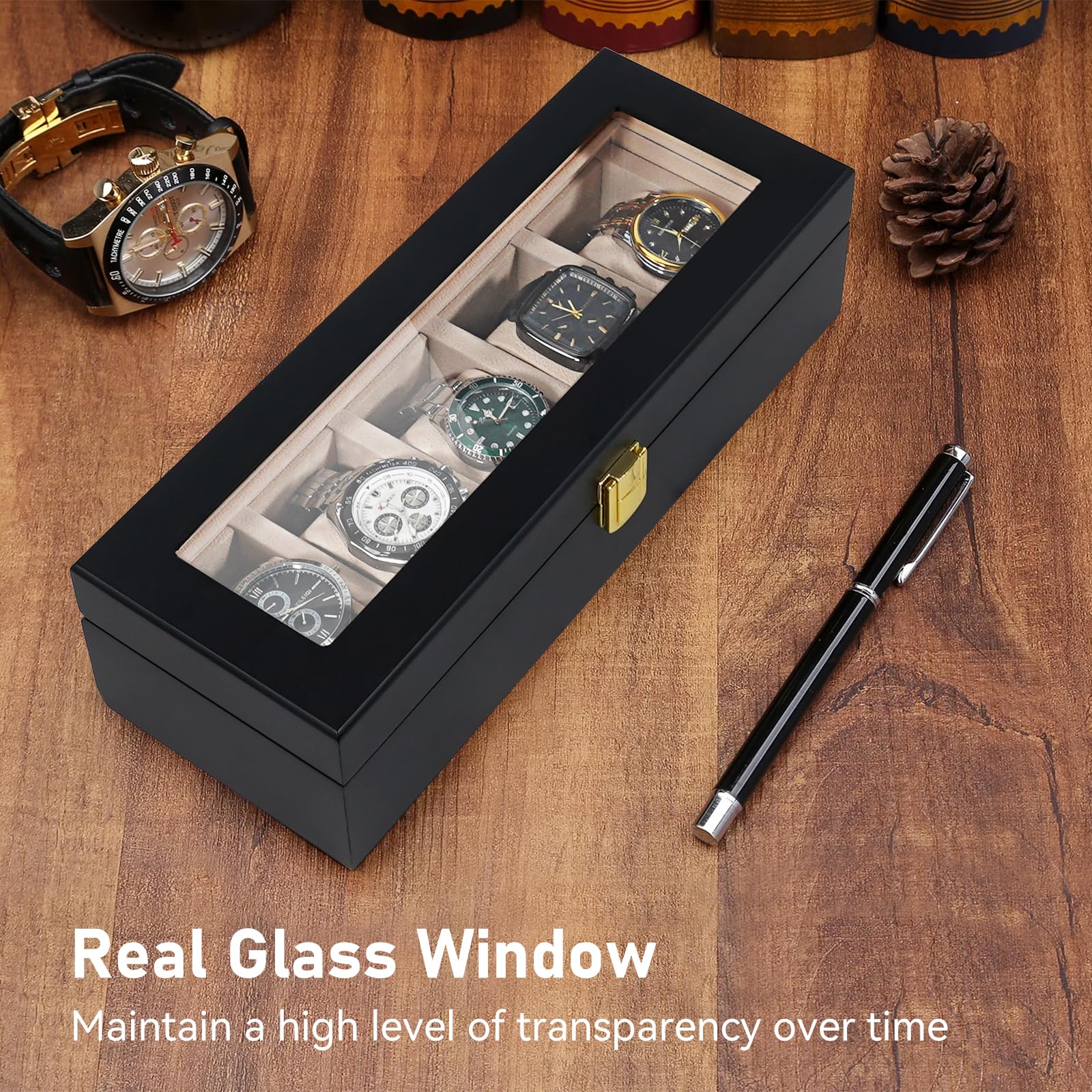 Vockow Wooden Watch Storage Box - 5 Slot Watch Display Case for Men Women | Watch Holder Organizer fit Watches with Dial Size up to 52 mm Black
