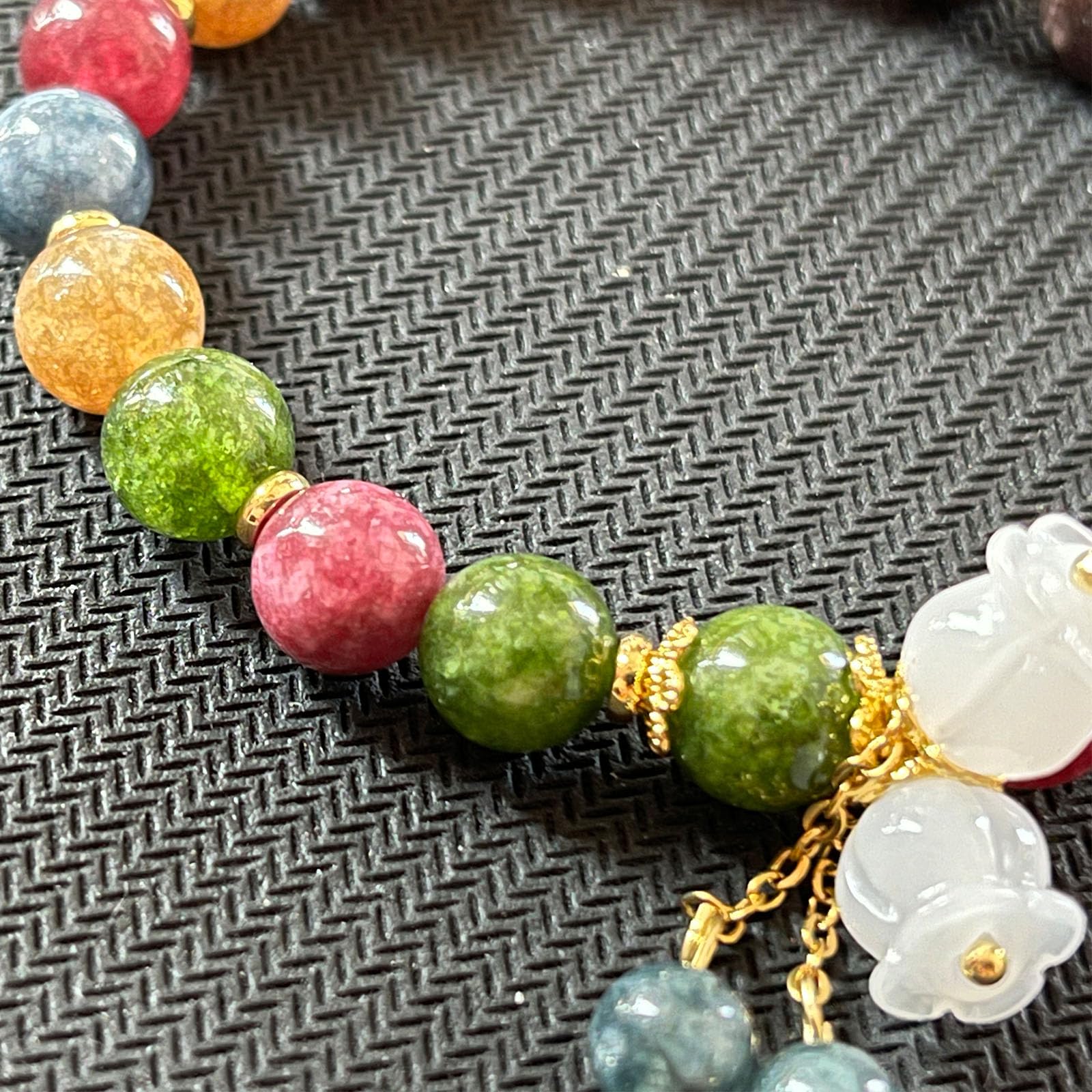 Pendant Charm Bracelet, Hand Carved Lily of the Valley Flower chain Bracelet, Natural Colored Crystal Beaded Flower Charm Bracelet, Good Luck Jade Bead Bracelet for Women