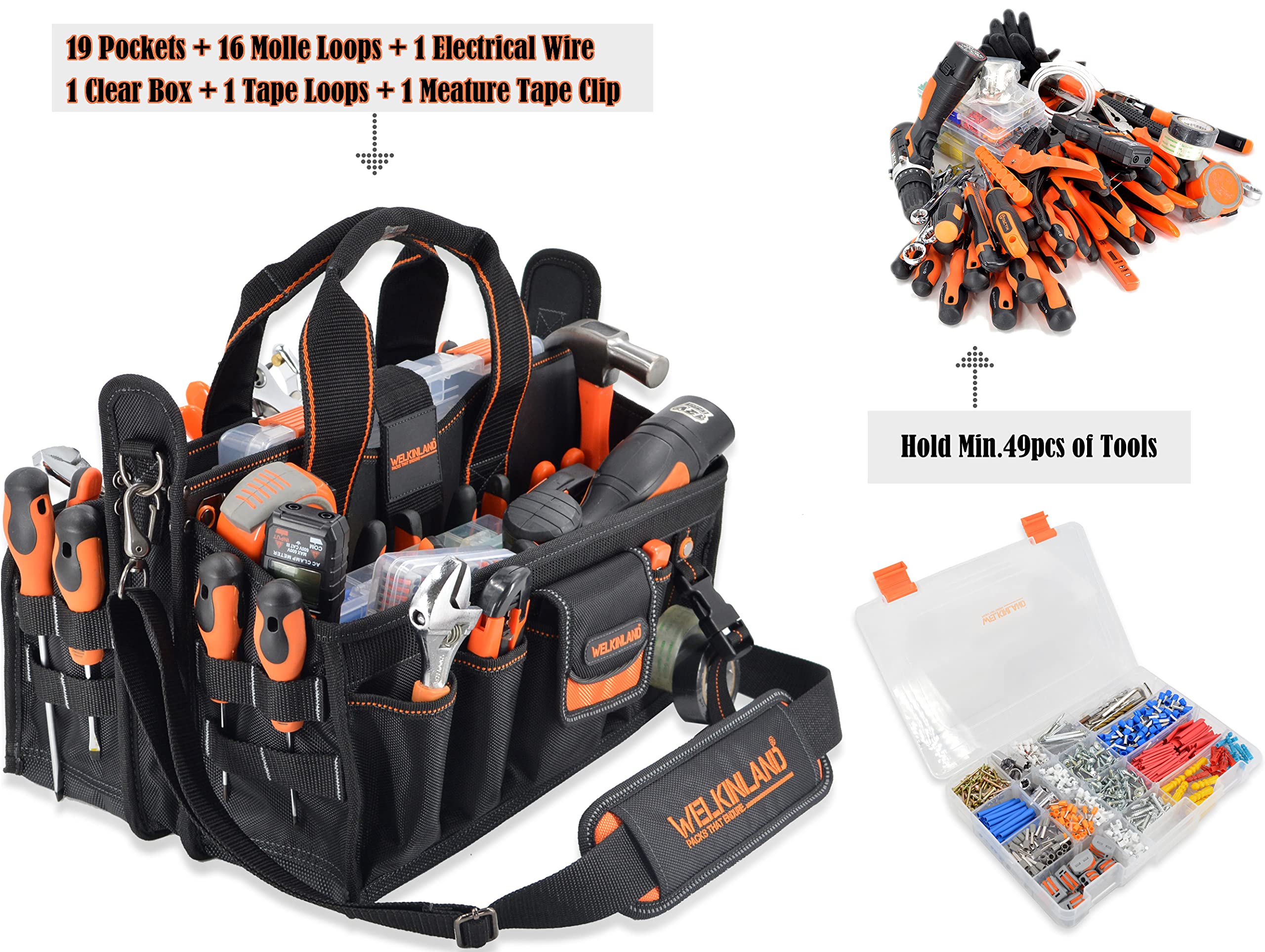 WELKINLAND 19-POCKETS Tool tote, HVAC tool bags organizer, Heavy-Duty electrician tools bag, Tool tote bag w/socket organizer tool boxes, Stay-Up maintenance tools bags
