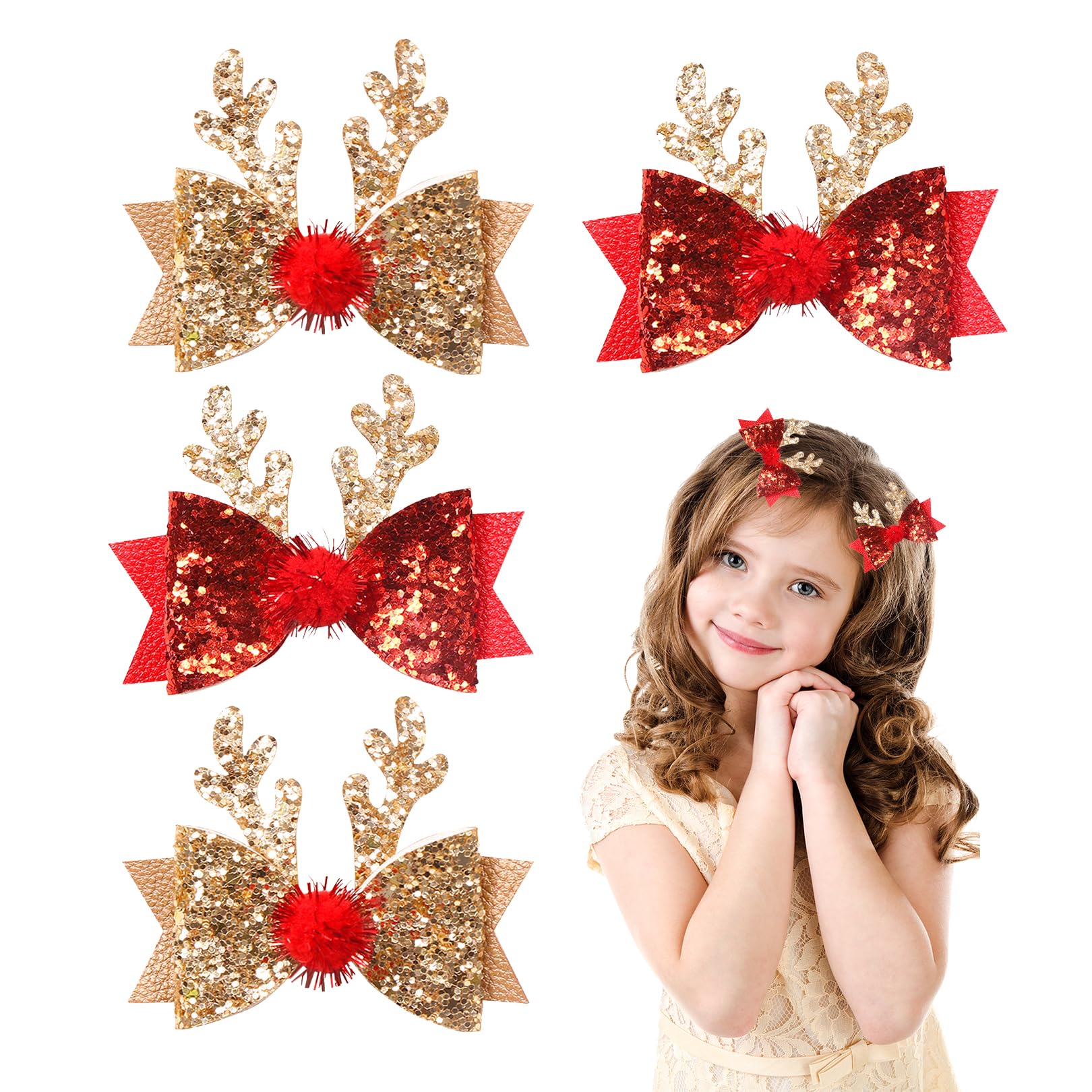 4 Pcs Christmas Hair Clips,Christmas Hair Accessories,Cute Cartoon Light Plush Red Bow Headband for Kids Girls Toddler Women