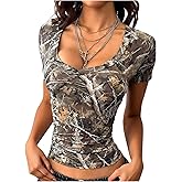 GORGLITTER Women's Camo Cropped Tee Top Short Sleeve Crew Neck Slim Fit Y2k Vacation Going Out T Shirts