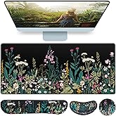 Desk Mat, Large Gaming Mouse Pad with Wrist Rest, 4in1 XXL Mousepad+Keyboard Wrist Rest+Mouse Pad Wrist Support+Cup Coaster Set Ergonomic Floral Computer Desk Arm Wrist for Decor Home Office Women