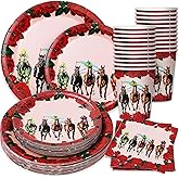Whaline 96Pcs Derby Day Party Tableware Set with Paper Plates Napkins Cups Horsing Racing Derby Party Disposable Dinnerware Set for Horse Race Party Table Decor