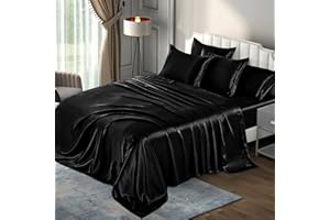 P Pothuiny 6 Pieces Queen Satin Sheets Luxury Silky Black Satin Bedding Sheet Set, 1 Deep Pocket Fitted Sheet + 1 Flat Sheet + 4 Pillow Cases