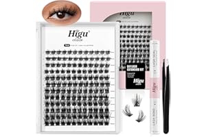 Higu clace DIY Eyelash Extension Kit, 144pcs D Curl Lash Clusters, 8-16mm Softy Cluster Lashes, with Lash Bond and Seal, Lash Tweezers, Reusable Fluffy Cluster Eyelash Extension Kit(R-08 Kit)