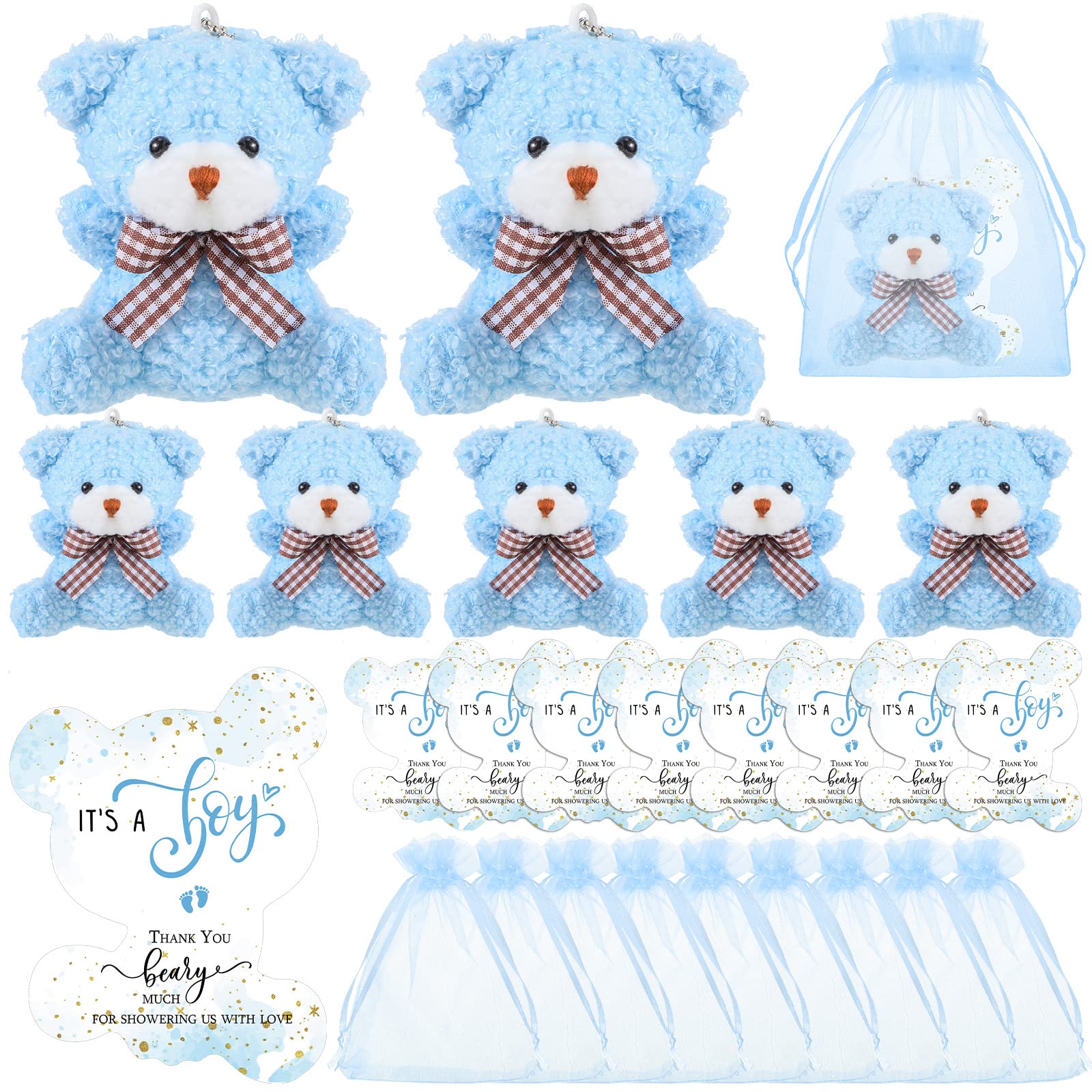 Photo 1 of Sasylvia 25 Set Bear Baby Shower Favors for Guest Blue Mini Tiny Plush Bear Toy Keychains Thank You Tags Organza Bag