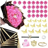 DIY Glitter Roses Bouquet 24Pack - Hot Pink Artificial Flowers Glitter Rose Bouquet with Stems Wrapping Paper 3D Butterflies Crown for Graduation Anniversary Birthday Gifts for Her