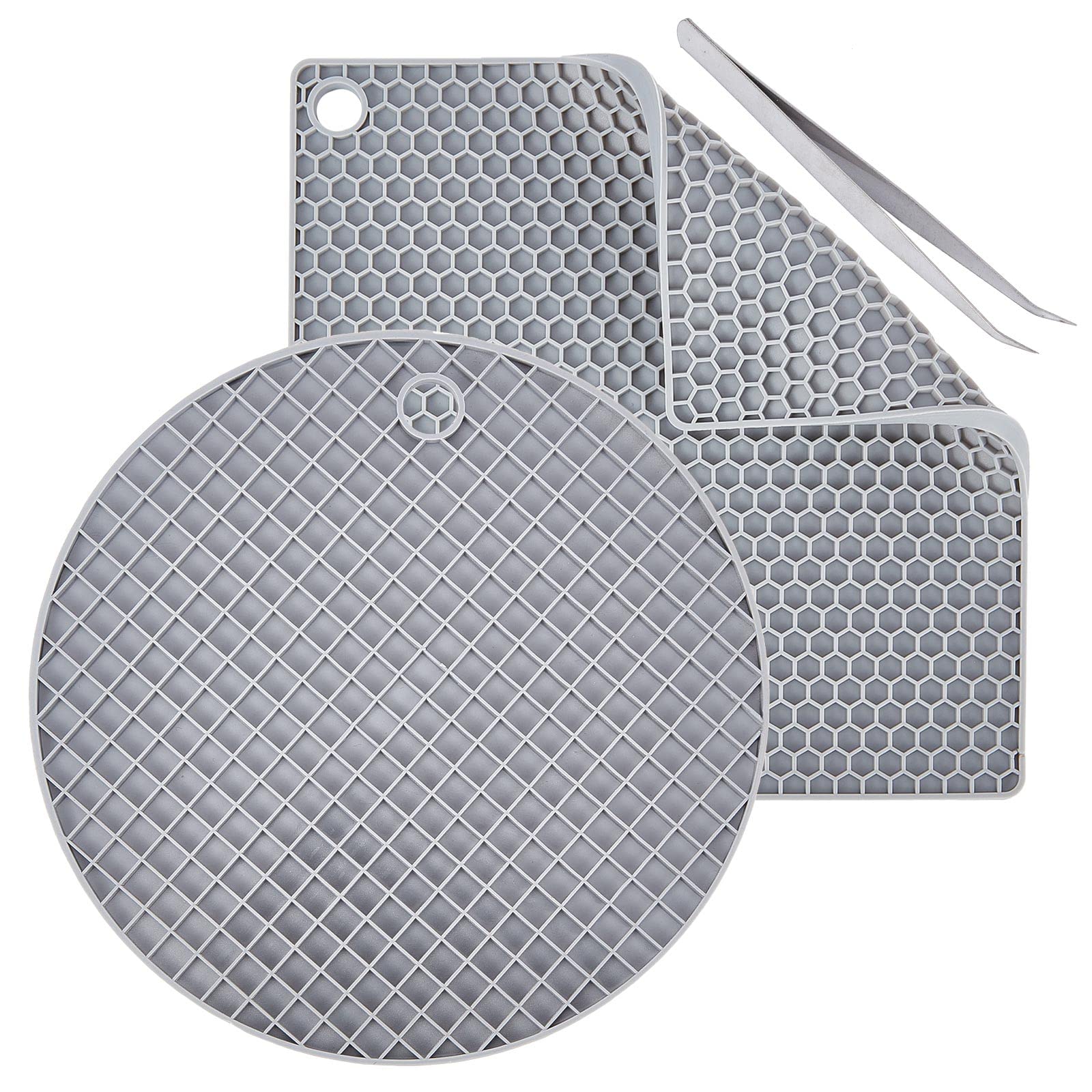 GORGECRAFT 2 Styles Silicone Doming Mats Round(16cm) Square(17cm) Resin Table Trivet Mats with Tweezer Heat Proof Gray Honeycomb Rubber Pads Trays for Hot Pot Holder Coaster DIY Crafts Supplies — image 1