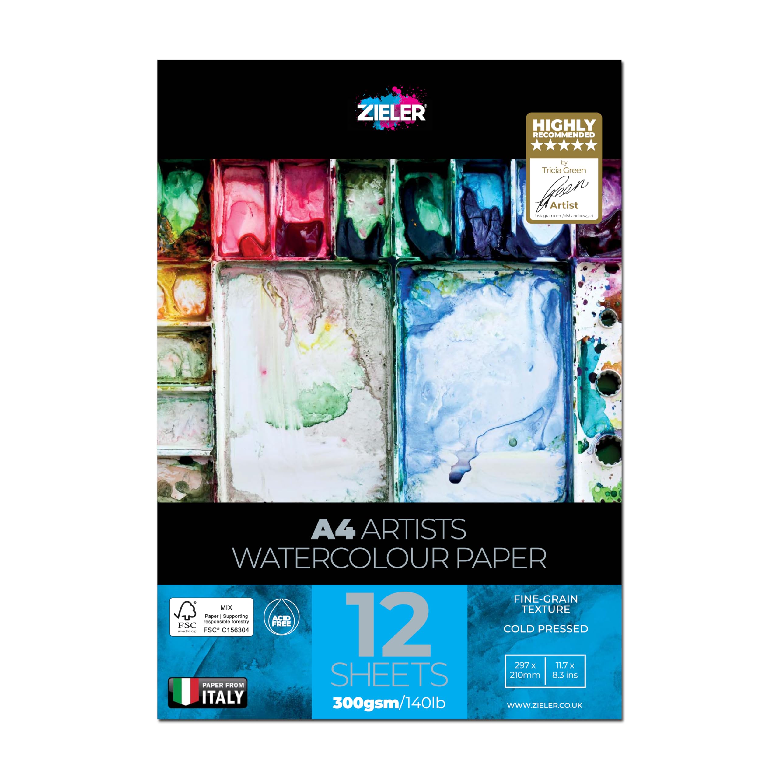 Fine-Grain Textured Watercolour Paper Pad - by Zieler® 12 Sheets | 300gsm | Ideal for 'Wet on Wet Techniques' | FSC Mix & Acid Free. Includes Starter tip Sheet (A4)