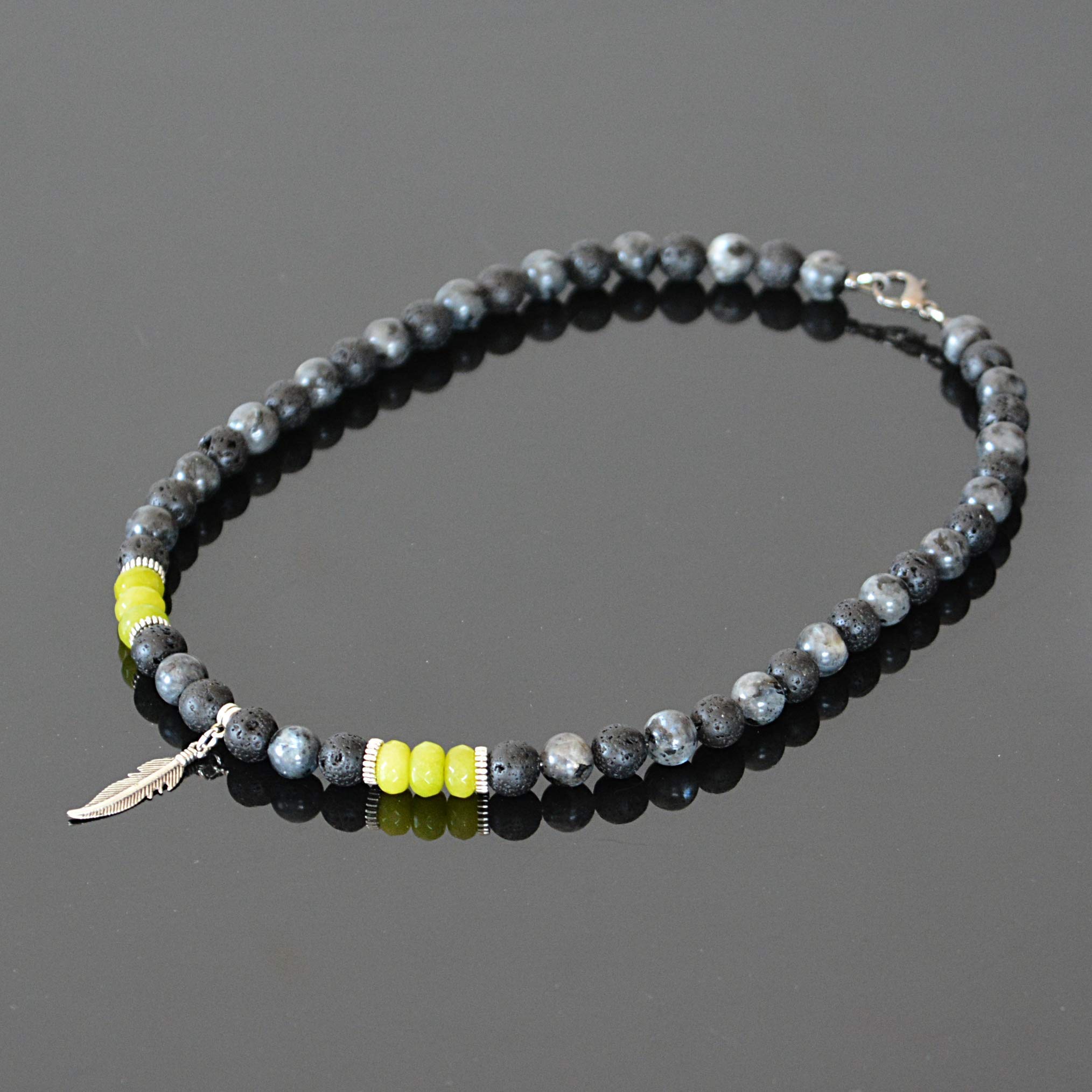 Handmade Native American Inspired Feather Charm Gemstone Necklace for Men August Birthstone Jewelry Peridot Black Lava Labradorite Choker Necklace