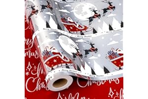MAYPLUSS Reversible Christmas Wrapping Paper - 17 Inch X 33 Feet - Creative Red Santa Claus Riding a Sleigh Delivering Presents with Metallic Foil Design Winter Gift Wrap Paper for Holiday, New Year
