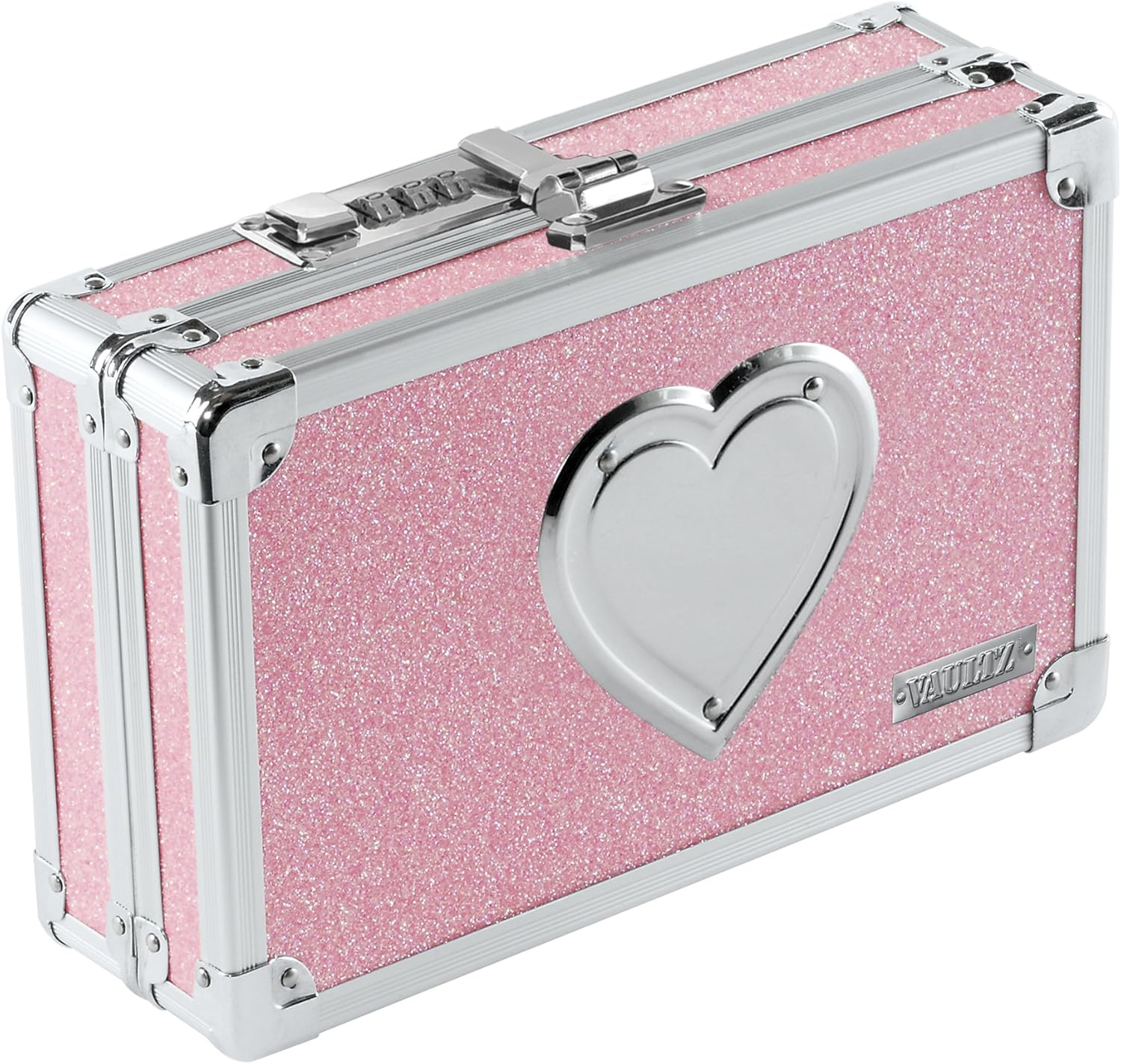 Vaultz Locking Pencil Box, Pink Bling with Silver Heart, Combination Lock, 8.5 x 2.75" (VZ00603