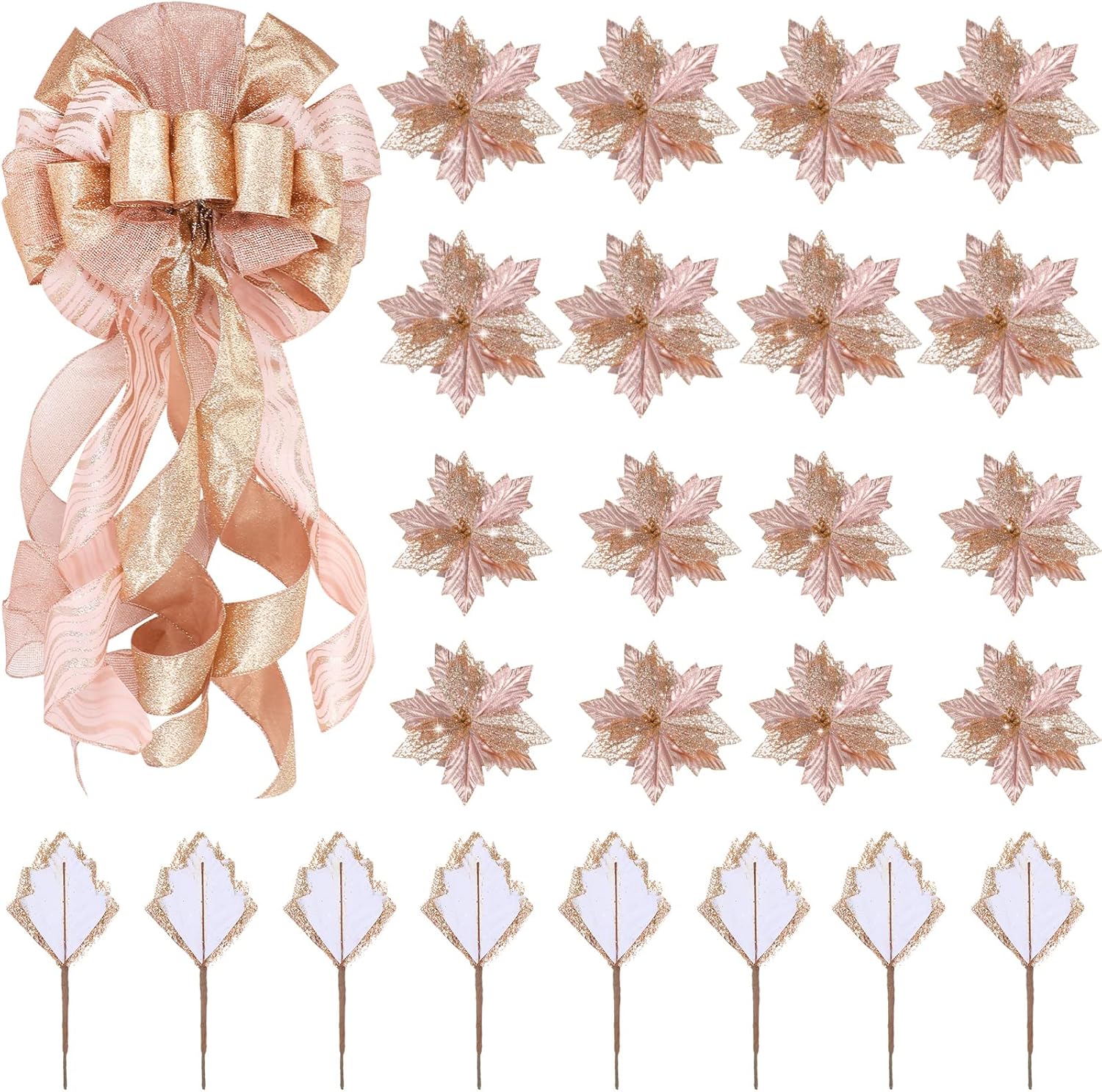 Bows & Ribbons - Large Christmas Tree Topper 12 x 34 Inches Decorative Hanging Bow Christmas Tree Ornaments and 24 Pieces 6.7inch/4.7 inch Artificial Christmas Flowers for Christmas Decoration (Rose Gold)