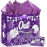 Purple 10th Birthday Gift Bag for Girls Purple Silver Peace Out Single Digits I’m 10 Gift Wrap Bag with 10th Birthday Wrapping Paper Card Double Digit Era Gifts Bags for 10 Year Old Bday Decorations