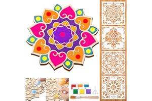 Weekgrat 11.8 Inch Diwali Rangoli Mats Mandala Sand Art Set Include 4 Pcs 6" Painting Stencils Wooden Coloring Mat Stencils for Diwali Rangoli Festivals Home Decor(Nature,Classic Mandala)
